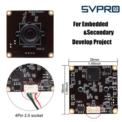 SVPRO Global Shutter USB Camera Module 90fps High Speed Webcam Board 1920x1200 2MP AR0234 UVC Webcam Module with Distortion Free M12 Lens for Computer,Slow Motion Board Camera for Golf Swing
