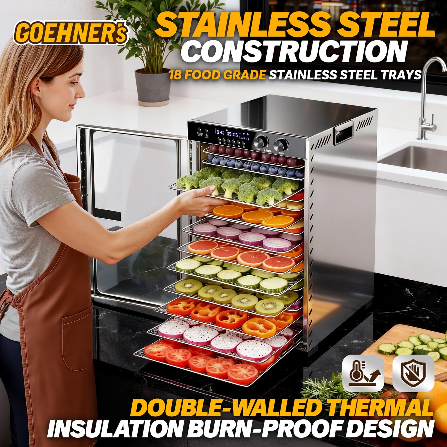Food Dehydrator Machine 18 Stainless Steel Trays, 18ft² Meat Dehydrator for Jerky Up to 194°F Temperature Control and 5 Presets and 48H Timer, 1000W Food Dryer for Dog Treats, Herbs, Fruit and Veggies