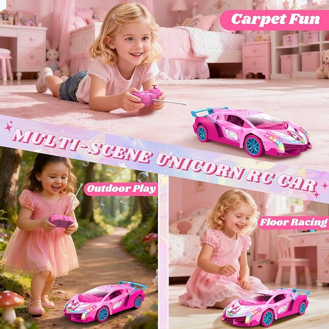 Unicorn RC Car for Girls Rainbow Glow &amp Drift Wing Remote Control Car2.4GHz RC Cars 1:18 ScaleKids Toys Age 3 4 5 6 7 8 9 10 11 12Girls Birthday GiftsValentines Day Gifts for Kids 3-12 Year O