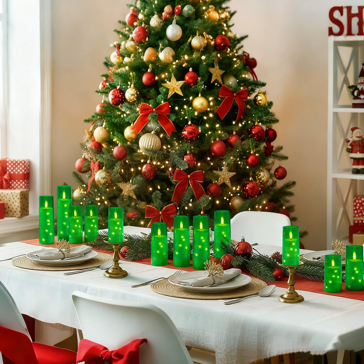 Raycare St. Patrick's Day Flameless Candle with Remote Timer – 9 Flickering Acrylic Battery Operated LED Pillar Candles with Embedded Star String for Home Decor, and as a Gift(Green)