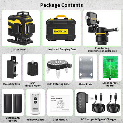 IKOVWUK 4x360° Laser Level Pro Kit, Self-leveling Tool for Construction, Tiling Floor & Picture Hanging, 4D Cross Line Laser Level with Fine-tuning Bracket, 16 Lines Laser level with 2*4000mAh Battery