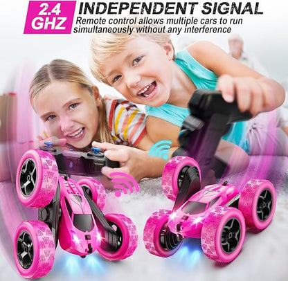 RC Cars Rose Remote Control Car for Girls 2.4 GHZ Double Sided RC Stunt Car 360° Rotating Remote Control Crawler with Headlights Car Toys for 6 7 8 9 10 11 12 Girls Birthday Gift