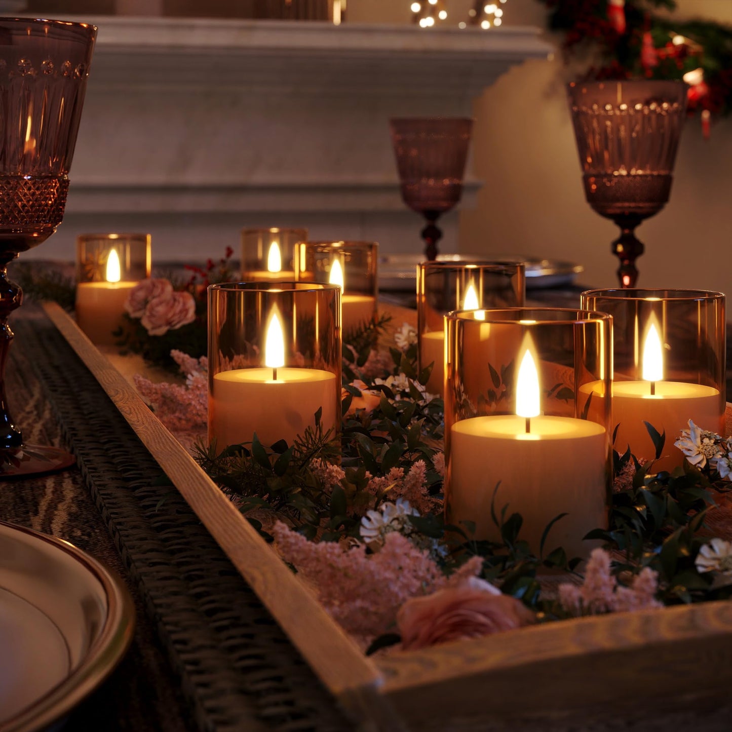 VIODAIM 12Pack Flickering Flameless LED Candles with Timer, Battery Powered - Small Pillar & Votive, Acrylic Made, Gold (2"X3")