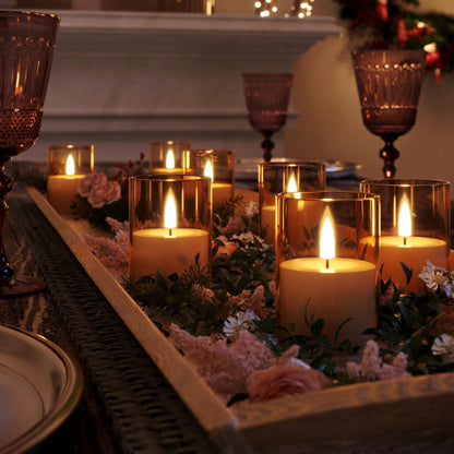 VIODAIM 12Pack Flickering Flameless LED Candles with Timer, Battery Powered - Small Pillar & Votive, Acrylic Made, Gold (2"X3")