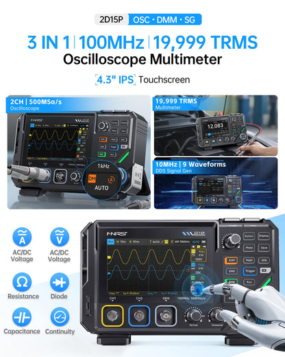 FNIRSI 2D15P 100MHz Digital Oscilloscope Multimeter DDS Signal Generator 3 in 1, 2CH Automotive Oscilloscope Multimeter 19,999 TRMS Counts, 500MS/s Sampling, 4.3'' Touch Screen