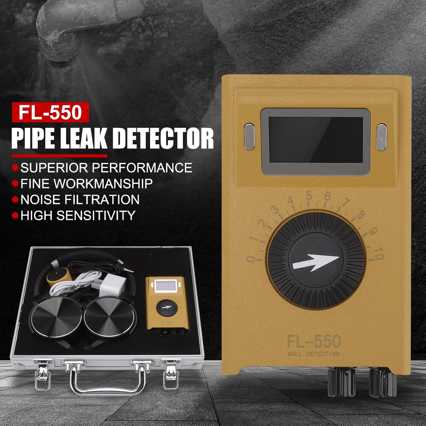 EVTSCAN Pipe Water Leak Detector FL 550 Double Sided Induction Adjustable Sensitivity Noise Filtering Spectrum Display for Underground Water Pipeline Leakage Detection (US Plug)