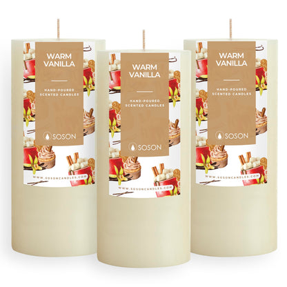Simply Soson Warm Vanilla Scented Candle Set - 3x6 Ivory Pillar Candles for Home, Aromatherapy, Women, Fall