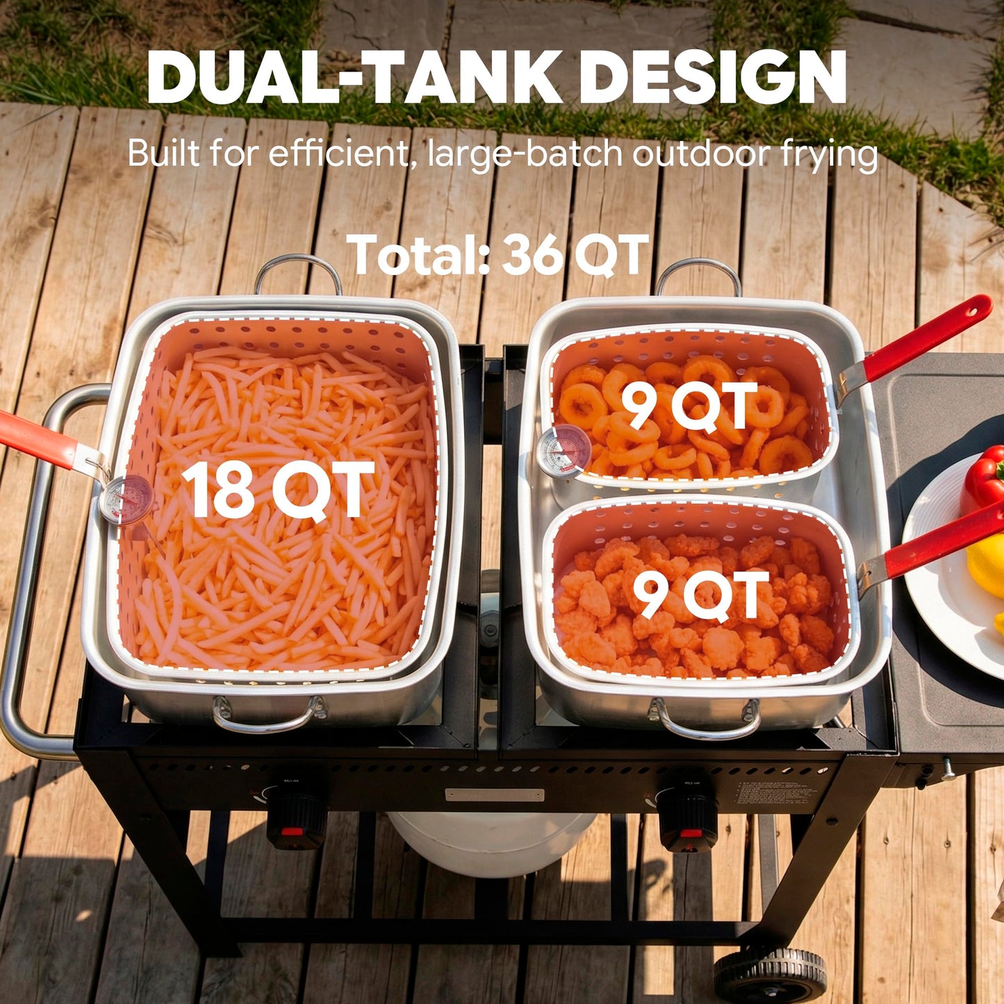 FEASTO Outdoor Propane Deep Fryer with Movable Cart, 2-Burner Stove with 100,000 BTU Total, 2 x 18QT Aluminum Pots, 1 x 18QT Basket & 2 x 9QT Frying Baskets, Portable Fryer for Fish, Fries & Chicken