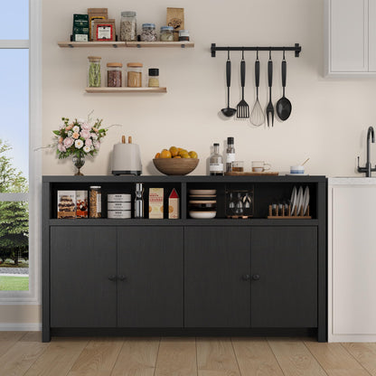 Garvee Buffet Sideboard with Storage, 4 Doors & Adjustable Shelves, 55'' Large Farmhouse Kitchen Storage Cabinet Wood Coffee Bar Cabinet for Kitchen, Dining Room, Entryway, Living Room, Black