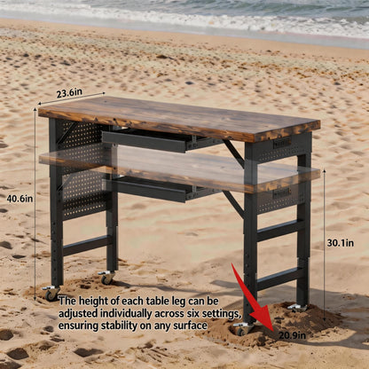 Heavy Duty Workbench Legs, 2000 LBS Load Metal Standing Desk Legs Height Adjustable 27.5“ to 40.5”, Features Lockable Wheels, Power Outlets, Pegboard and Drawers for Workshop, Office, Garage, Home