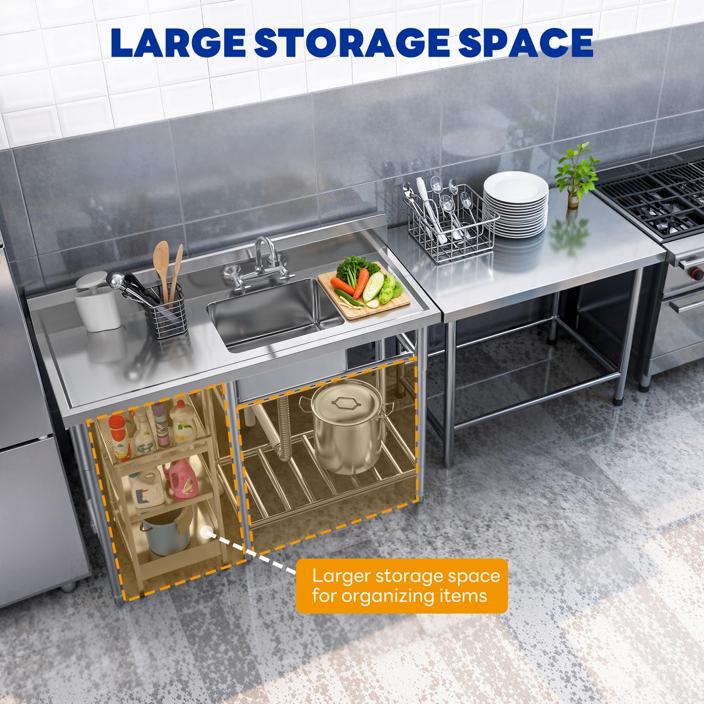 DWVO Stainless Steel Utility Sink with Cart Storage Space and Drainboards, 50in Free Standing NSF Commercial Prep Sink W/Storage Shelf for Restaurant, Laundry, Garage,Outdoor