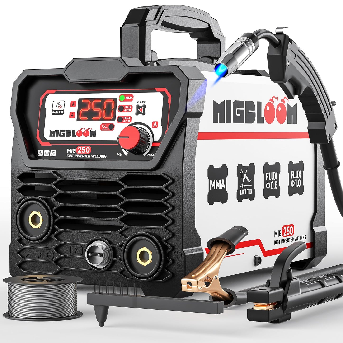 250A Mig Welder,Gasless 110V FLUX MIG/ARC/Lift TIG Welding Machine,3 in 1 Mig Welder with Synergy and IGBT Inverter,Flux Core Welder with LCD Display