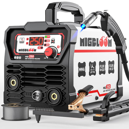 250A Mig Welder,Gasless 110V FLUX MIG/ARC/Lift TIG Welding Machine,3 in 1 Mig Welder with Synergy and IGBT Inverter,Flux Core Welder with LCD Display