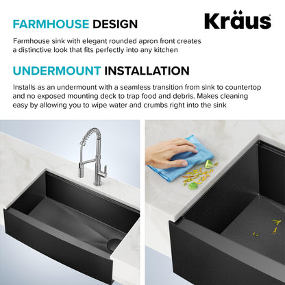 KRAUS Kore Workstation 33-inch Farmhouse Apron Front 16 Gauge Black Stainless Steel Single Bowl Kitchen Sink in PVD Gunmetal Finish with Accessories, KWF210-33/PGM