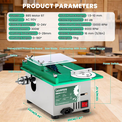Huanyu Mini Table Saw 300W 1.14IN Cut Depth Portable Precision Hobby Table Saws Set for Wood Model DIY Crafts Woodworking 0-180° Angle Cutting Multifunctional 7-Level Speed Adjustable