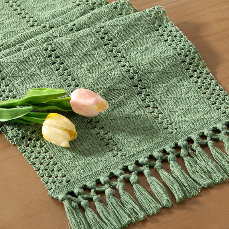 Socomi Sage Green Boho Table Runner Summer Farmhouse Rustic Dining Kitchen Centerpiece Decor Small Macrame Woven Cotton Linen Coffee Table Runner for Dresser Scarf Home Decor 12x60 inch