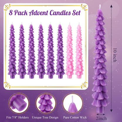 Enhon 8 Pcs Advent Candles Set, 10 Inch Tree Shaped Taper Candles, Unscented Beeswax Christmas Advent Wreath Candle for Xmas, Holiday, Church, Party, or Home Decor (Purple,Pink Style)