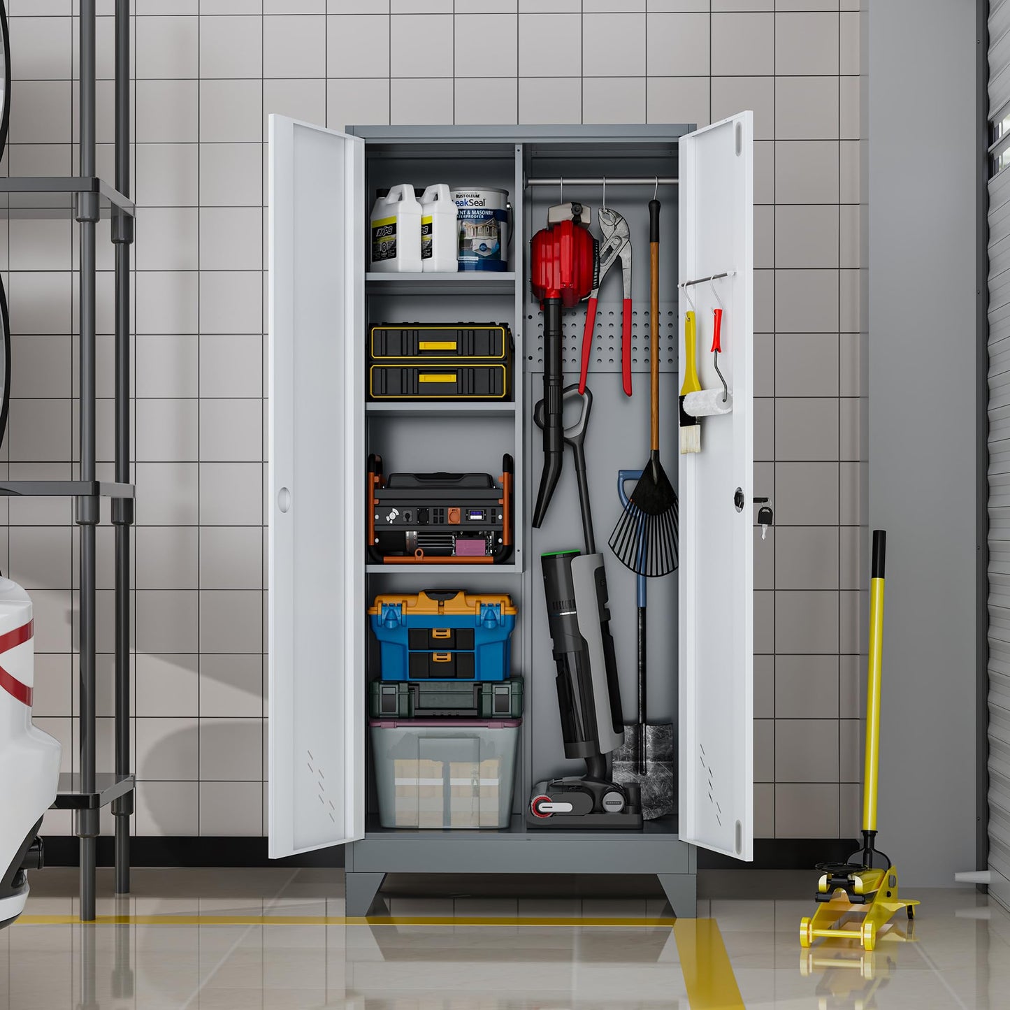 LyAosdFu 61" Metal Storage Cabinet with Lockable Doors, Cleaning Supply Cabinet with Pegboard and Hanging Rod. Garage Tool Storage Cabinets for Home, Laundry, Office, Home Kitchen Utility Cabinet