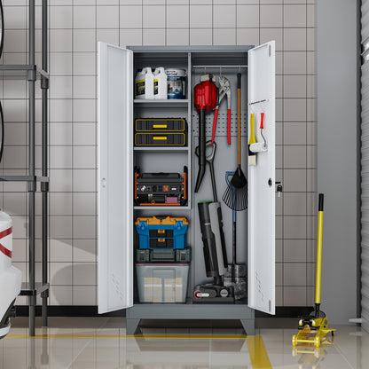 LyAosdFu 61" Metal Storage Cabinet with Lockable Doors, Cleaning Supply Cabinet with Pegboard and Hanging Rod. Garage Tool Storage Cabinets for Home, Laundry, Office, Home Kitchen Utility Cabinet