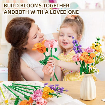 Flower Bouquet Building Blocks Set - Artificial Flowers with Roses for Home Decor Unique Gift for Her or Him for Mother's Day Birthday Gift DIY Mini Micro Bricks Kits with Vase