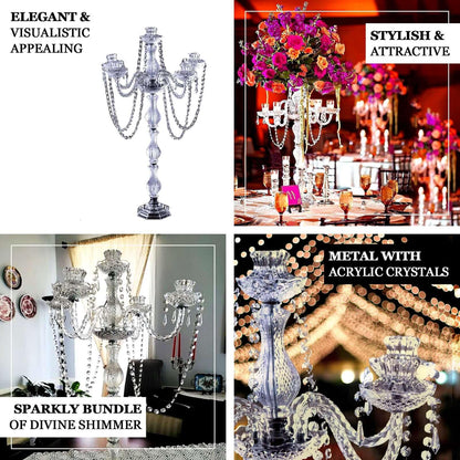 Efavormart 4-Arm Crystal Chandelier Candelabra 35" Silver - Metal Taper Candlestick Holder Table Centerpiece for Events