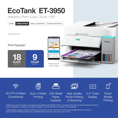 Epson EcoTank ET-3950 Wireless All-in-One Color Supertank Printer with up to 3 Years of Ink Refillable Tanks, Perfect for Home Office, 18 PPM, 2.4" Colorful Touchscreen, Auto Document Feeder - White