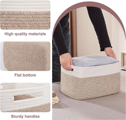 OIAHOMY Storage Baskets - 4 Pack Woven Cotton Rope Baskets for Organizing Toys, Towels & Books | 13" L x 9" W x 7.8" H, Brown & White