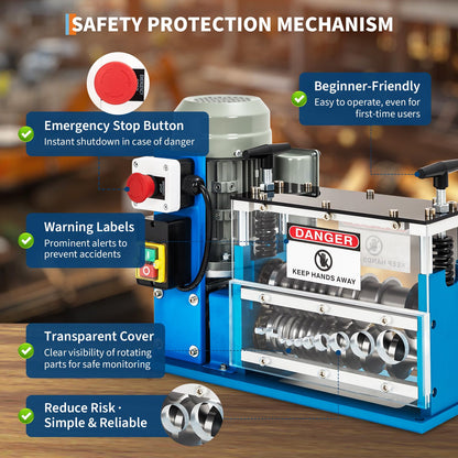 370W Electric Wire Stripper Machine, Automatic Copper Cable Stripper with 0.06"-1.5" Range, 10 Channels, 10 Blades, Transparent Panel, Manual Hand Crank Option for Copper Cable Recycling