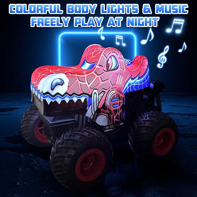 Remote Control Monster Truck 2.4Ghz Spider Rc Monster Truck Toys Rchargeable Kids Cars Vehicle with Musics Lighting Effect 360°Stunts Rc Spider Toys Birthday Gifts for Boys 3 4 5+