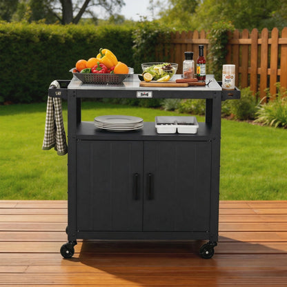 Feasto Outdoor Grill Cart with Stainless Steel Tabletop and Storage Cabinet, Movable Kitchen Island with Wheels for BBQ Food Prep, Black