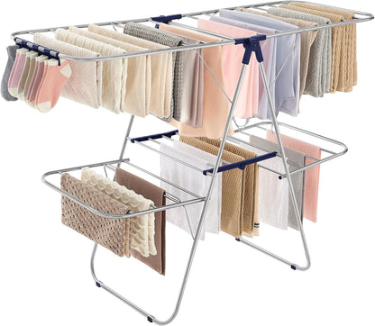 SONGMICS Foldable Clothes Drying Rack - 2-Level Laundry Airer with Adjustable Wings & 33 Rails | Silver & Blue