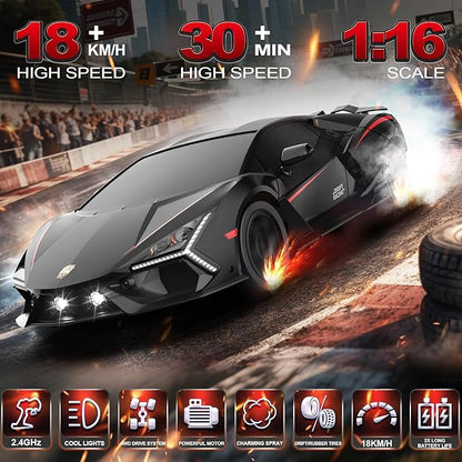RC Drift Car 1:16 Remote Control Car 2.4Ghz High Speed RC Cars 4WD Racing Sport Toy Cars with LED Lights Spray Drifting Tires 2 Batteries for Kids Boys Girls Adults Birthday Christmas