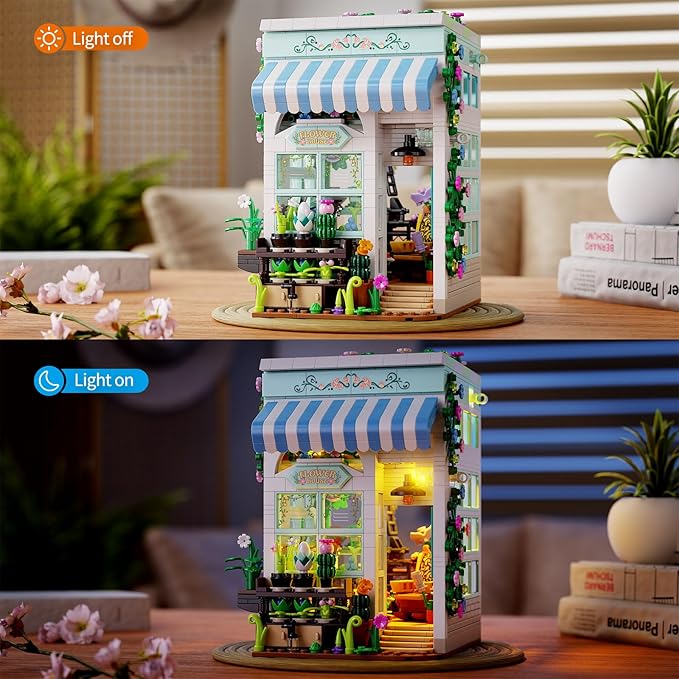 Flower House Building Set with LED Lights 1077 PCS City Greenhouse Building Block Toy Garden House Architecture Book Nook Home Decor Birthday Gift for Adults or Girls 8-12 Years