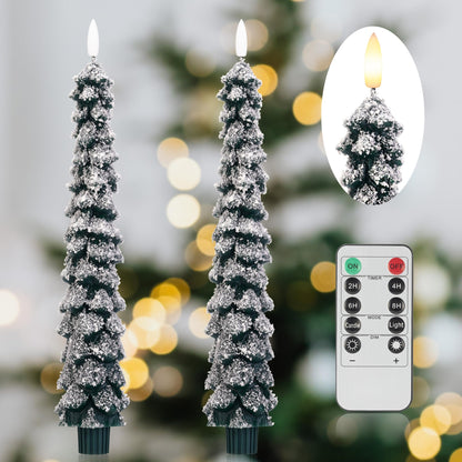 AFINETH Christmas Tree Candles with 3D Wick, 11.4" Green Real Wax Flameless Taper Candles with Remote, Flickering LED Xmas Candlesticks Battery Operated Candle for Home, Party Decor, 2 Pack