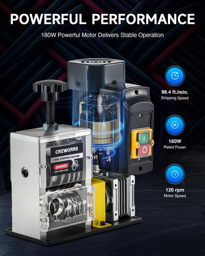 CREWORKS 180W Motor Automatic Wire Stripper Machine, 5 Blade Electric Wire Stripping Machine for 0.06"-1.18" (1.5-30 mm) Scrap Wire with 2 Feed Plates Foot Pedal Switch Sharpening Rod