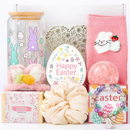 LUICONMO Easter Gifts for Teen Girls Women, Easter Baskets Stuffers for Teens Adults, Self Care Spa Gift Basket Spring Gifts Set Box with Bunny Theme Glass Cup - Brighten up Her Day!