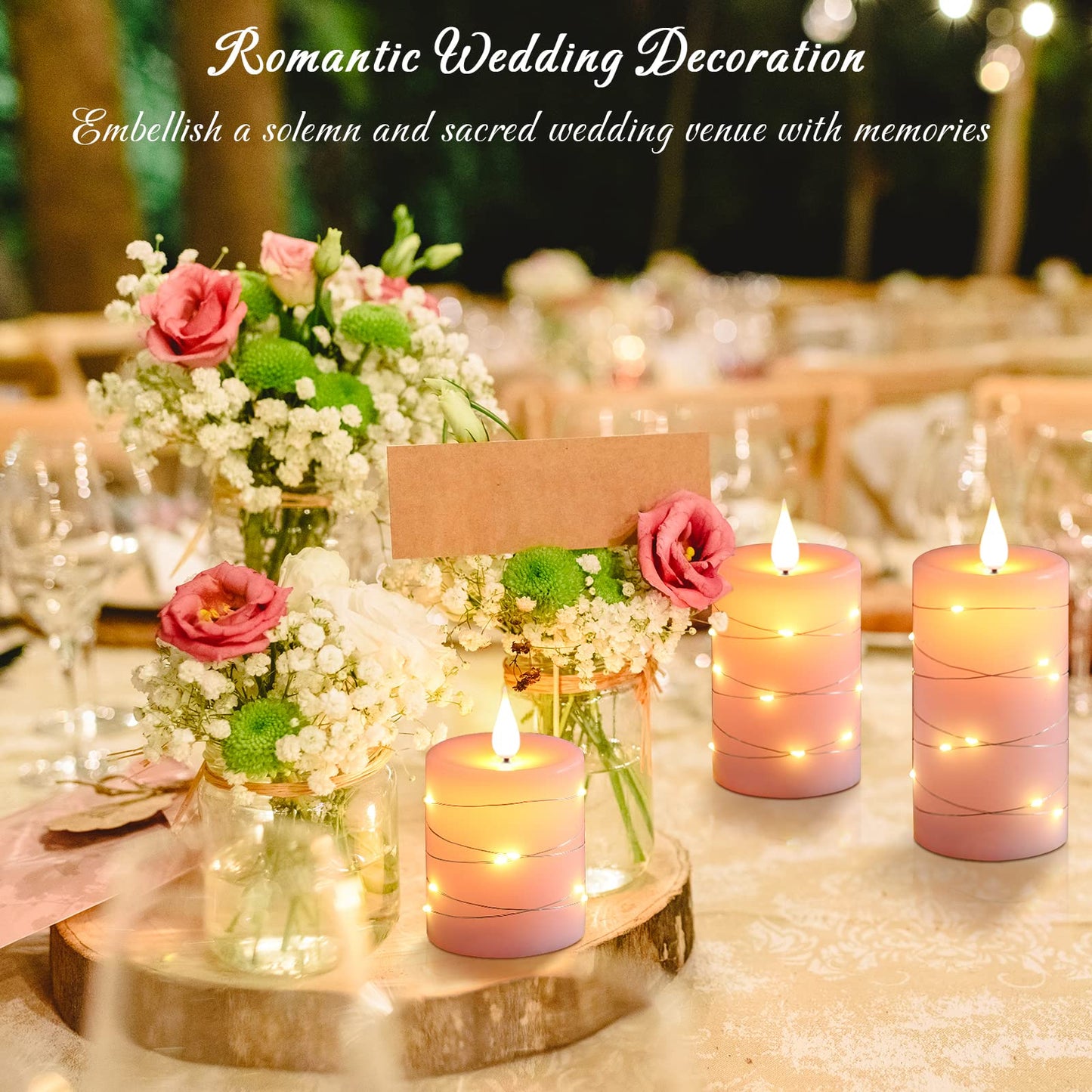 Da by 3 Pack Pink Real Wax Flameless Taper Candles, Lifelike Flickering LED Flame Candles with Surrounding Fairy String Lights, Soft Warm Battery Candles with Remote for Home Wedding Party Decor