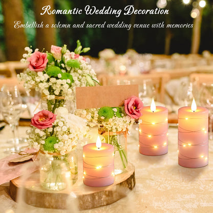Da by 3 Pack Pink Real Wax Flameless Taper Candles, Lifelike Flickering LED Flame Candles with Surrounding Fairy String Lights, Soft Warm Battery Candles with Remote for Home Wedding Party Decor