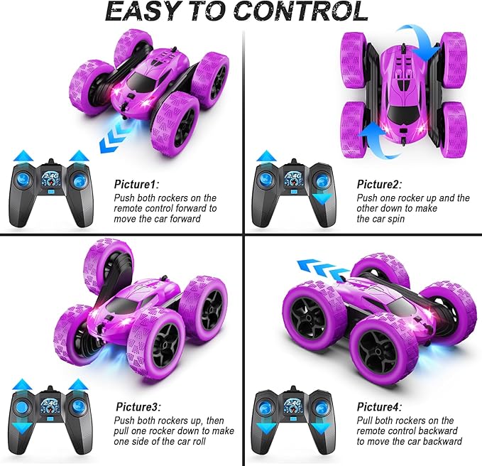 RC Cars Purple Remote Control Car for Girls 2.4 GHZ Double Sided RC Stunt Car 360° Rotating Remote Control Crawler with Headlights Car Toys for 6 7 8 9 10 11 12 Girls Birthday Gift