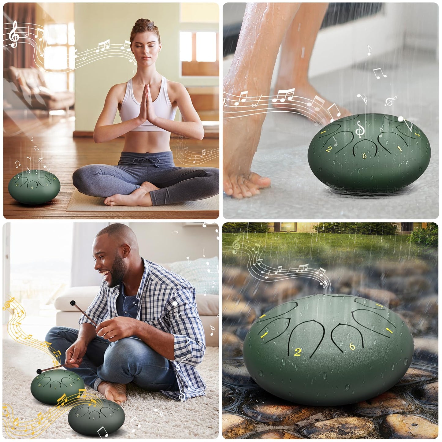 Rain Drum for Outside Garden, 6 Inches 8 Notes Steel Tongue Chakra Drums, Waterproof Meditation Rain Chime, Musical Instruments for Adult Gift with Bag, Music Book, Drum Mallets (Green)