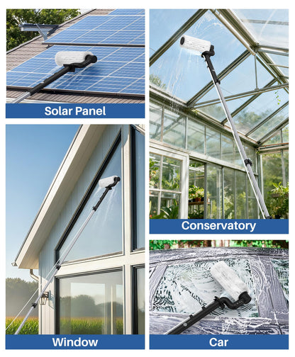 LyriFine Electric Solar Panel Cleaning Brush and Pole Kit, 20Ft Extendable Washing Kit with Water Fed Pole, 2 Speed & Soap Dispenser, Outdoor Window Cleaning Tool for Solar Panel, Window, Roof, RV