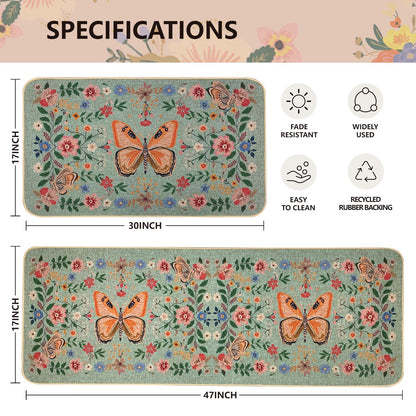 SHIYUE Boho Kitchen Mat Set of 2, Green Butterfly Flower Kitchen Rugs Farmhouse Modern, Non Skid Washable Rubber Runner Rugs, Kitchen Decor Accessories（17x47in+17x30in）