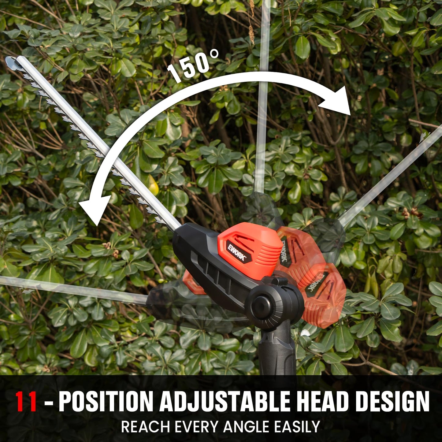 EWORK 20V Cordless Pole Hedge Trimmer with 2 Batteries and Charger, 18-Inch Blade Pole Trimmer, 6.3Ft-8.6Ft Extended Reach, 11-Angle Pivoting Head, Lightweight 6 LBS Battery Powered Bush Shrub Cutter