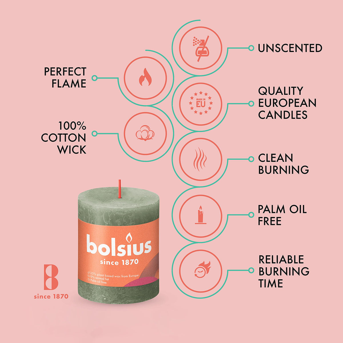 BOLSIUS 4 Pack Sage Green Rustic Pillar Candles - 2.75 X 3.25 inches - Premium European Quality - Includes Natural Plant-Based Wax - Unscented Dripless Smokeless 35 Hour Party and Wedding Candles