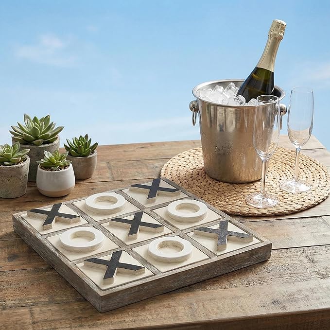 JEVERGN 12.6 Large Wooden Tic Tac Toe Game Rustic Coffee Table Game Wood Farmhouse Tic Tac Toe Board Game Decor Family Games for Adult &amp Kids Washed Brown