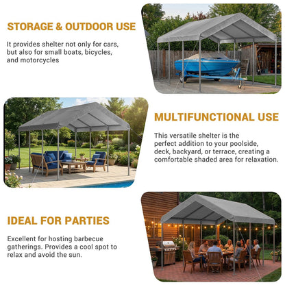 Aoxun Carport 10x20 ft Heavy Duty Carport Canopy, Adjustable Height Potable Car Canopy for Cars, Boats, Trucks, Outdoor Carport Shelter Portable Garage with Reinforced Frame, Gray
