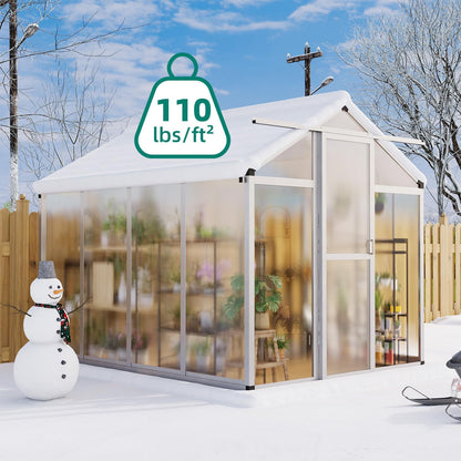 GAOMON 6 x 8 ft Greenhouse for Outdoor with Sliding Door, Green House with Polycarbonate Panel & Ajustable Roof Vent & Ground Nails, Walk-in Aluminum Greenhouses for Garden, Patio