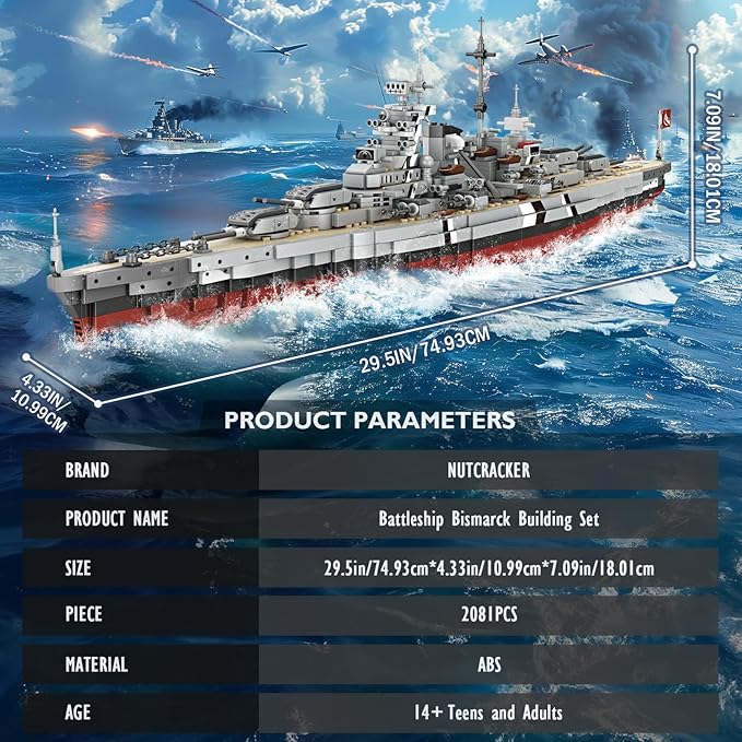 NUTCRACKER Bismarck Battleship Building Block Set 29 Inch German WWII Classic Warship Building Toys (2081 Pcs) MOC Military Theme Boat Model Kit for Adult &amp Teen 14+ Gift for Military Fan