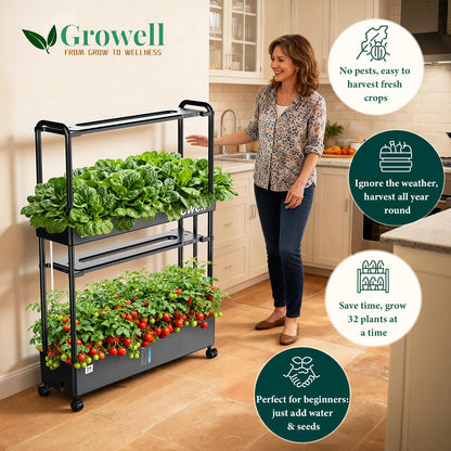 Growell Large Basket Hydroponics Growing System Kit, 32 Pods Vertical Hydroponic Garden with 2 Grow Light Modes, Auto Circulating Water System, 32L Indoor Gardening System for Herb Vegetable Fruit