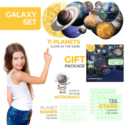 MAFOX Glow in The Dark Planets, Bright Solar System Wall Stickers -Sun Earth Mars and so on,9 Glowing Ceiling Decals for Bedroom Living Room,Shining Space Decoration for Kids for Girls and Boys